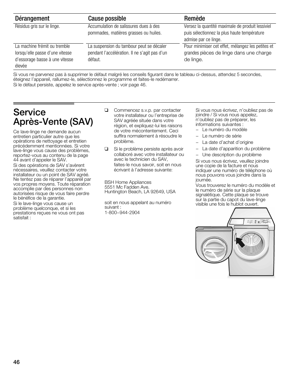 Service aprèsćvente (sav), Dérangement remède cause possible | Bosch WFMC1001UC User Manual | Page 46 / 80