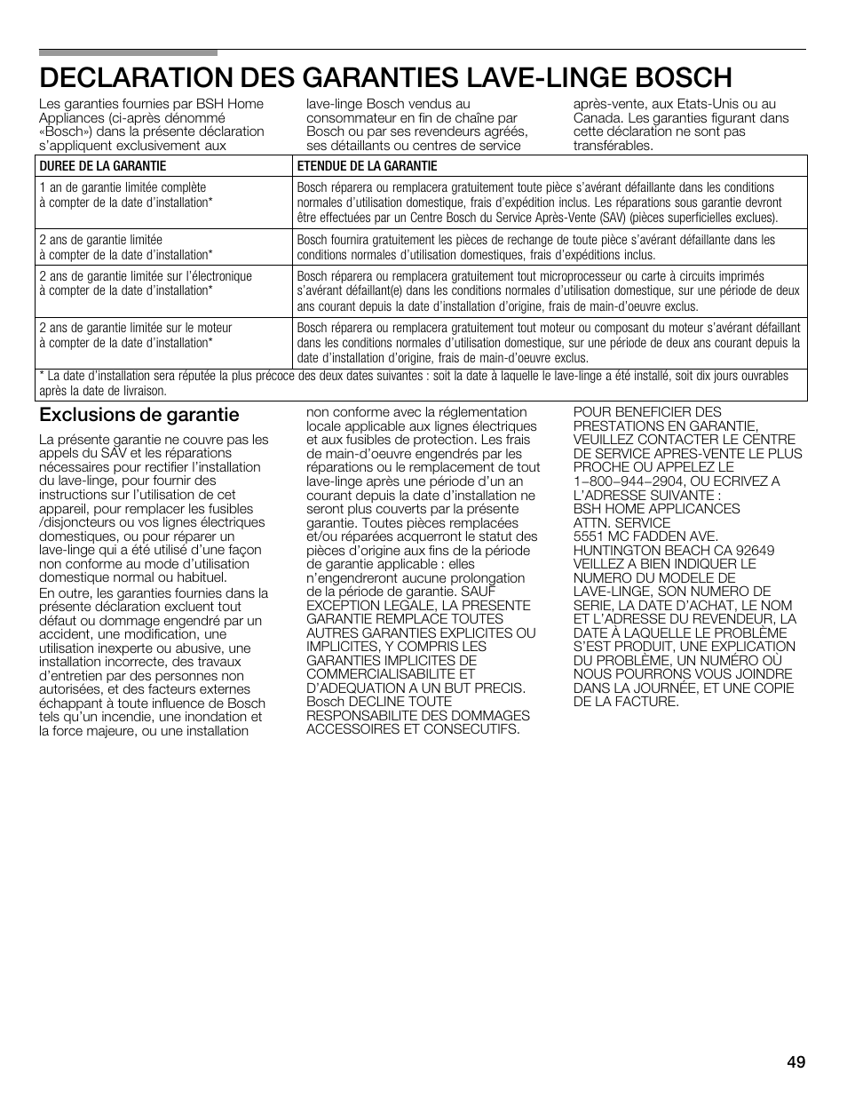 Declaration des garanties lavećlinge bosch, Exclusions de garantie | Bosch WFMC1001UC User Manual | Page 49 / 80