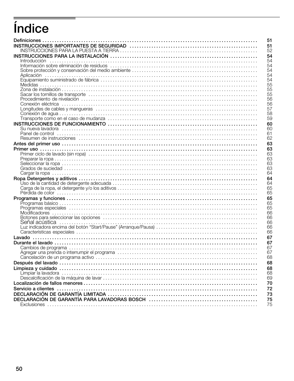 Índice | Bosch WFMC1001UC User Manual | Page 50 / 80