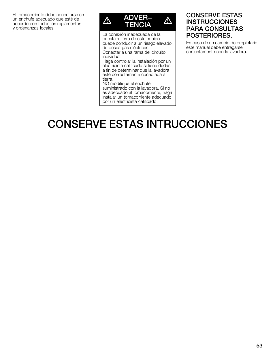 Conserve estas intrucciones, Adver- tencia | Bosch WFMC1001UC User Manual | Page 53 / 80