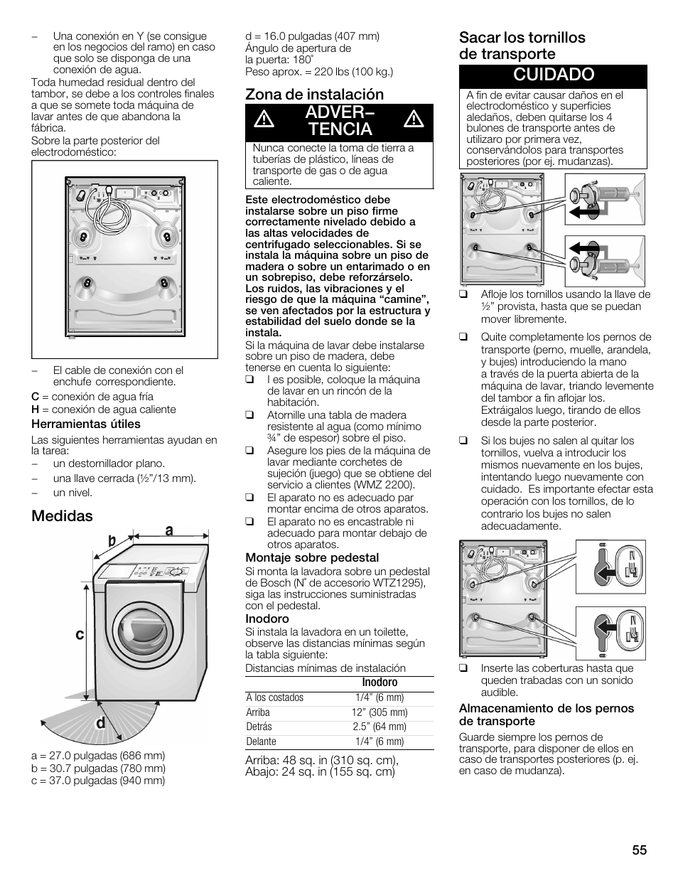 Adver- tencia, Cuidado, Medidas | Zona de instalación, Sacar los tornillos deătransporte | Bosch WFMC1001UC User Manual | Page 55 / 80