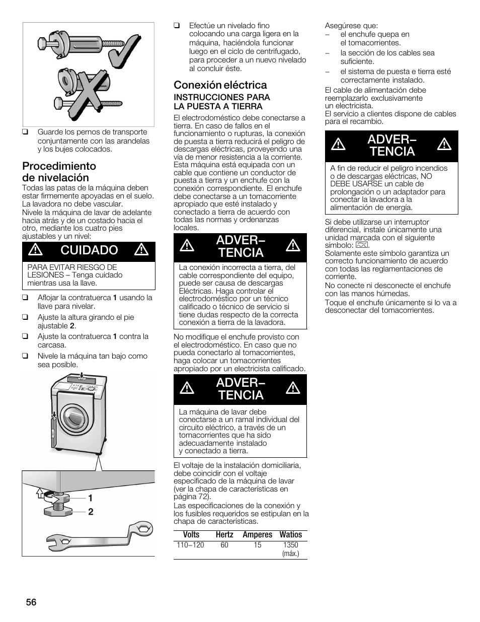 Cuidado, Adver- tencia, Procedimiento deănivelación | Conexión eléctrica | Bosch WFMC1001UC User Manual | Page 56 / 80