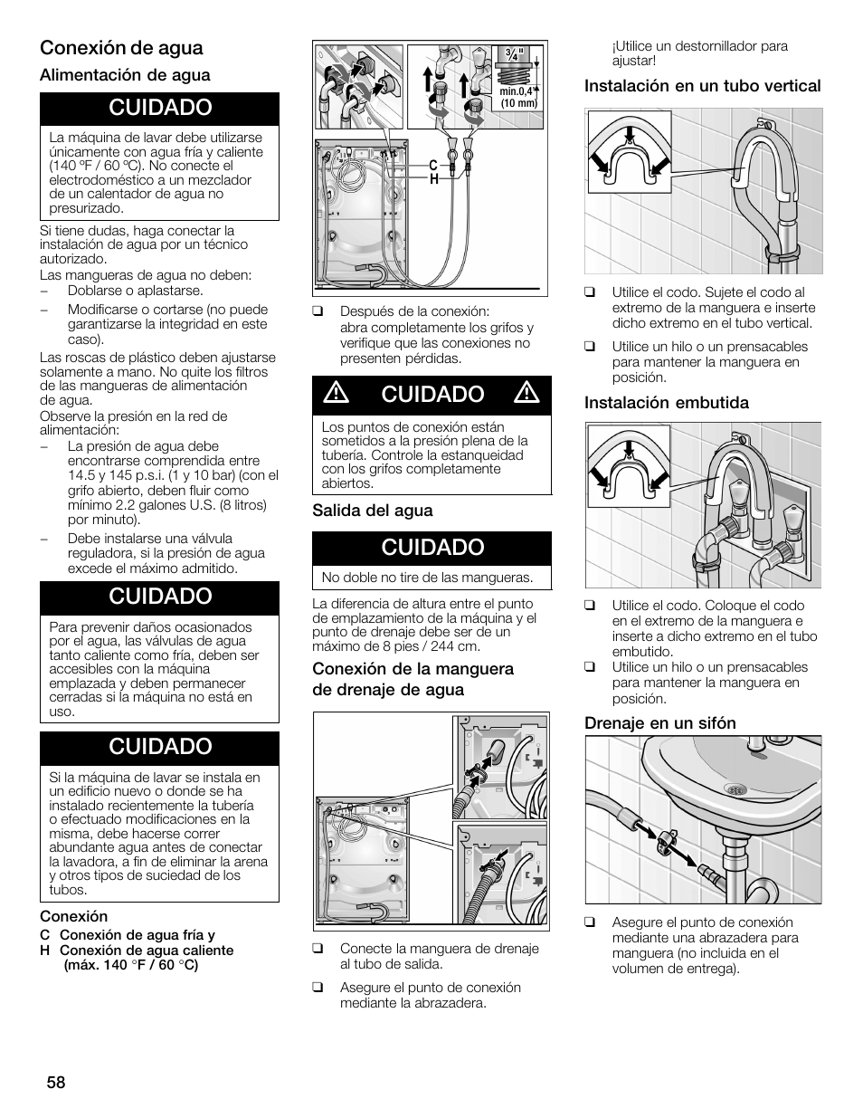 Cuidado, Conexión de agua | Bosch WFMC1001UC User Manual | Page 58 / 80