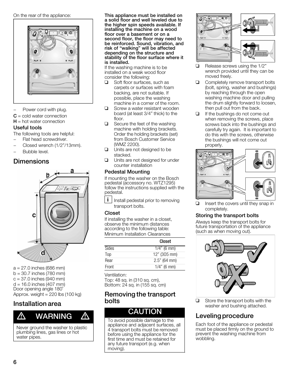 Warning, Caution, Dimensions | Installation area, Removing the transport bolts, Leveling procedure | Bosch WFMC1001UC User Manual | Page 6 / 80