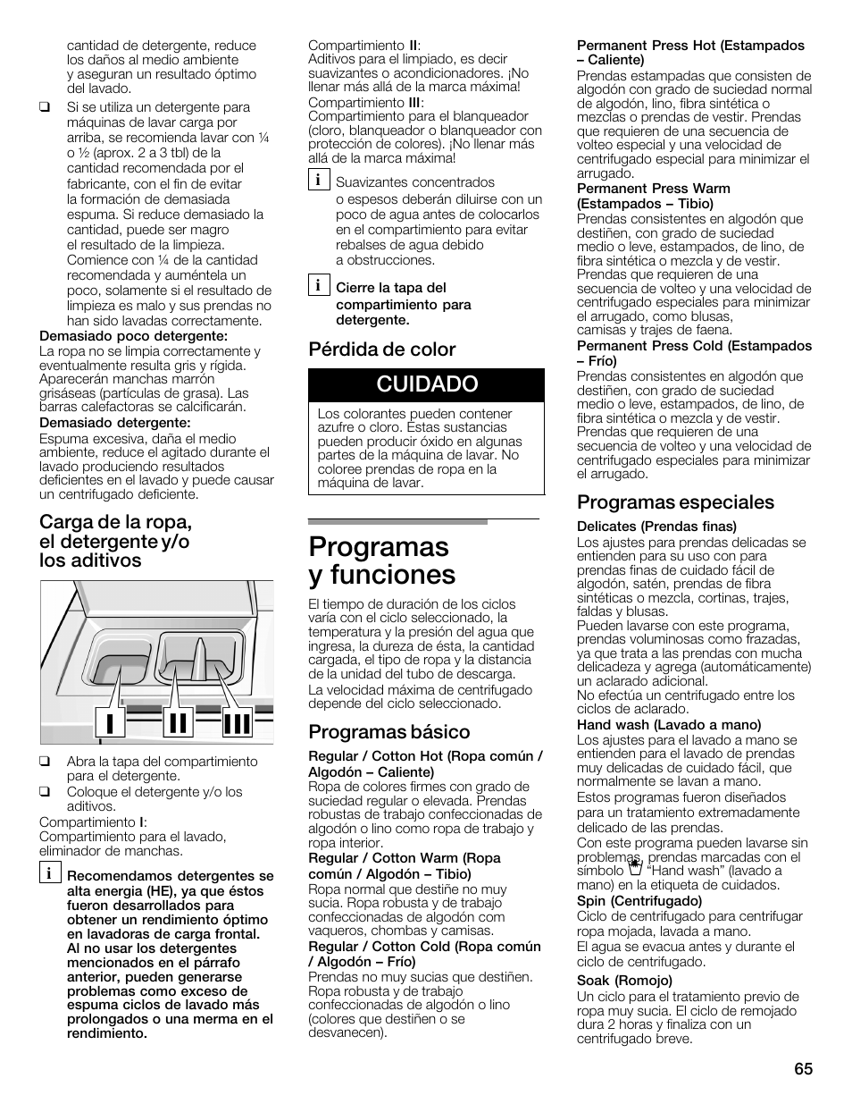 Programas yăfunciones, Cuidado, Carga de la ropa, elădetergente y/o losăaditivos | Pérdida de color, Programas básico, Programas especiales | Bosch WFMC1001UC User Manual | Page 65 / 80