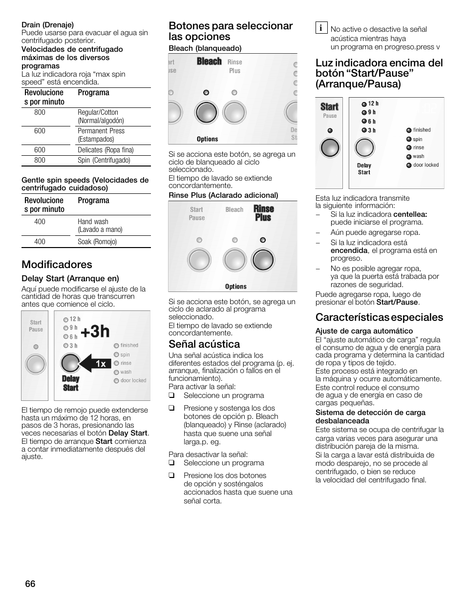 Modificadores, Botones para seleccionar las opciones, Señal acústica | Características especiales | Bosch WFMC1001UC User Manual | Page 66 / 80