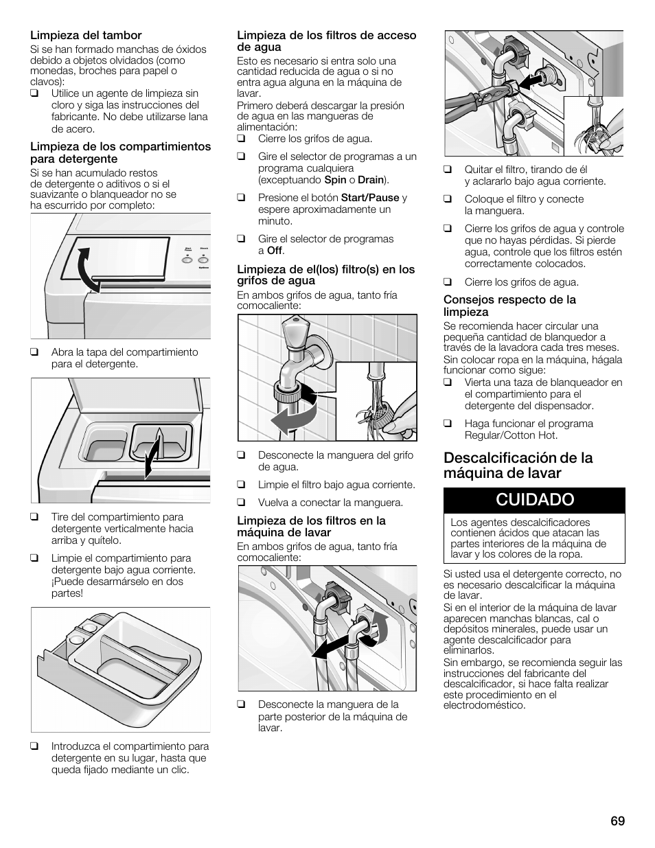 Cuidado, Descalcificación de la máquina de lavar | Bosch WFMC1001UC User Manual | Page 69 / 80