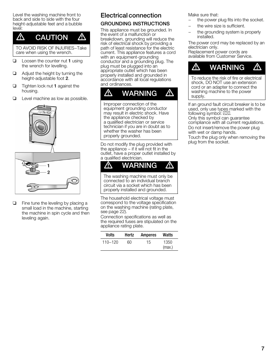 Caution, Warning, Electrical connection | Bosch WFMC1001UC User Manual | Page 7 / 80