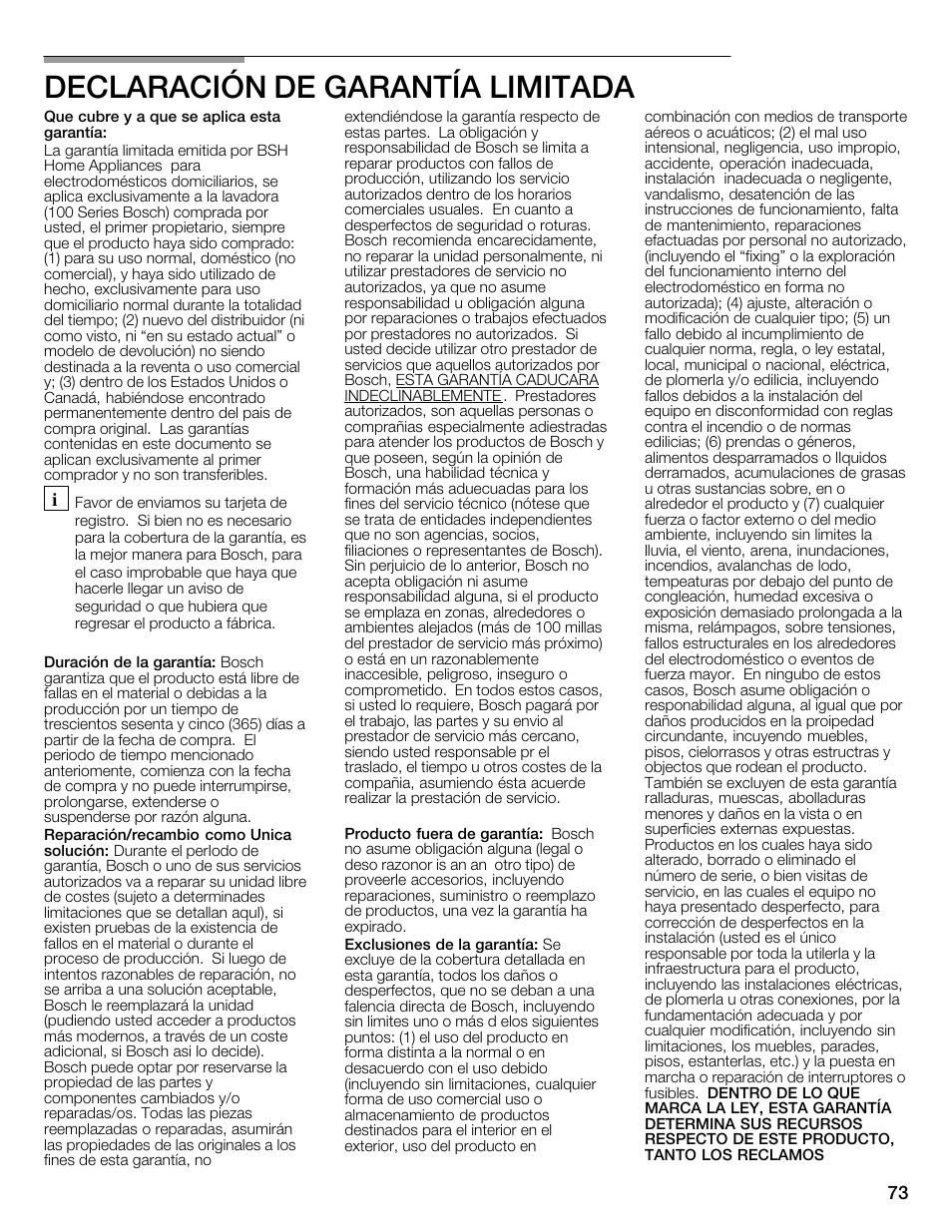 Declaración de garantía limitada | Bosch WFMC1001UC User Manual | Page 73 / 80