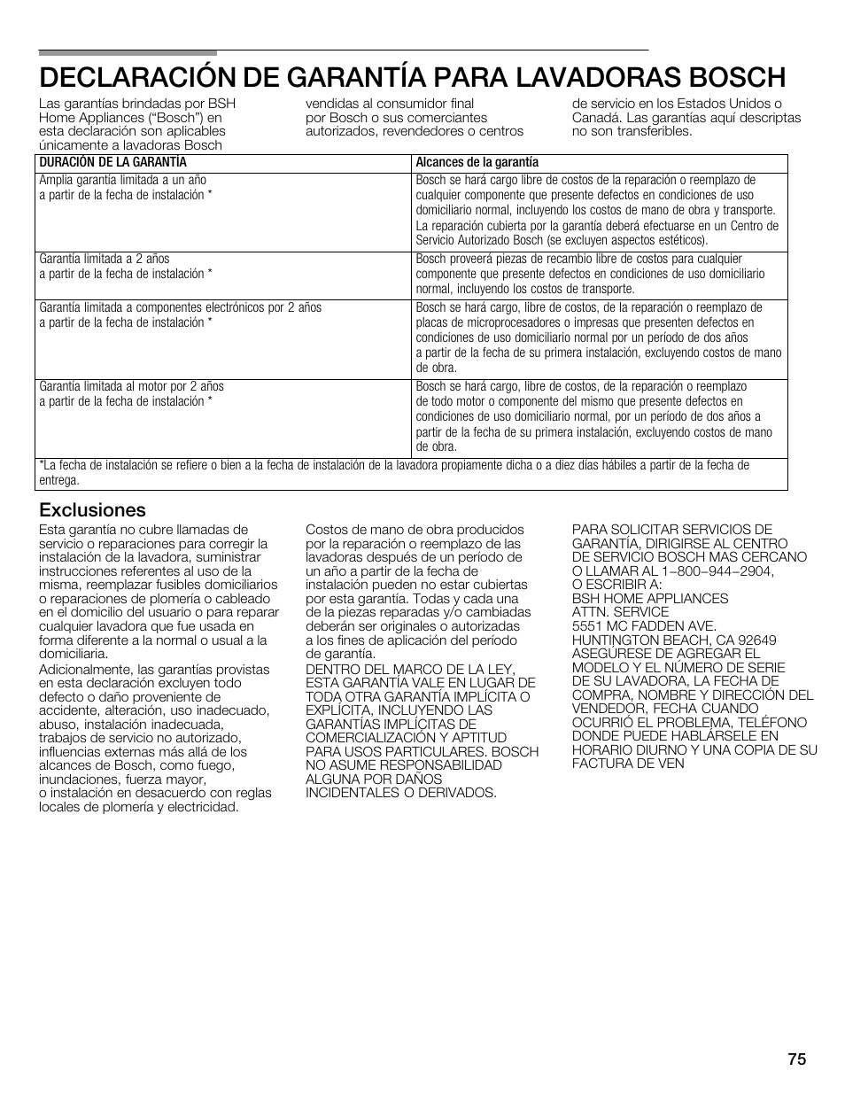 Declaración de garantía paraălavadoras bosch, Exclusiones | Bosch WFMC1001UC User Manual | Page 75 / 80