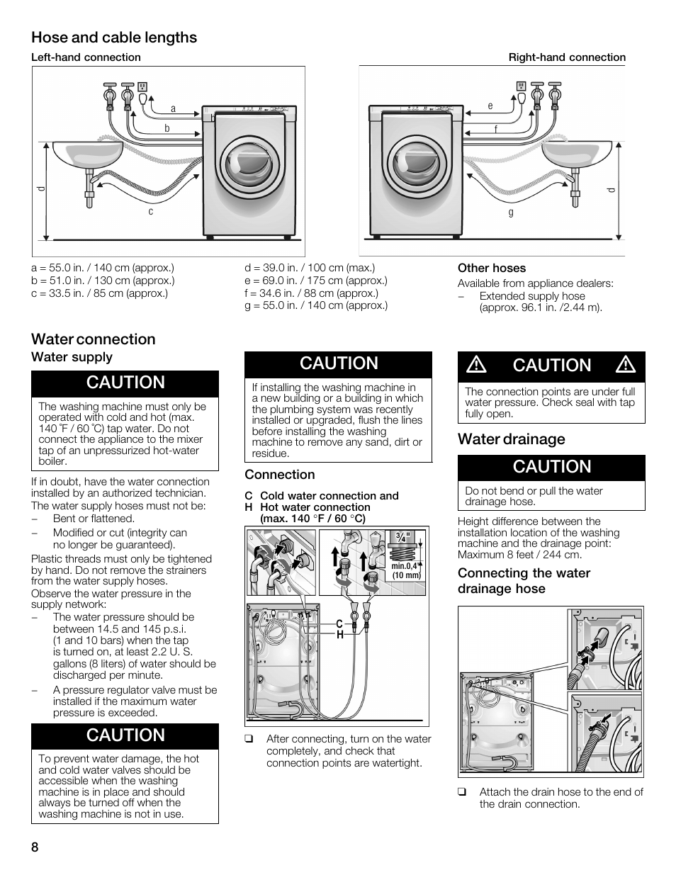 Caution, Hose and cable lengths, Water connection | Water drainage | Bosch WFMC1001UC User Manual | Page 8 / 80