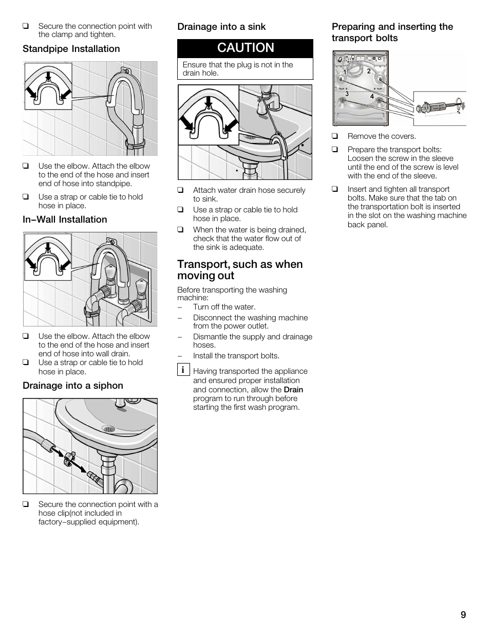 Caution, Transport, such as when moving out | Bosch WFMC1001UC User Manual | Page 9 / 80