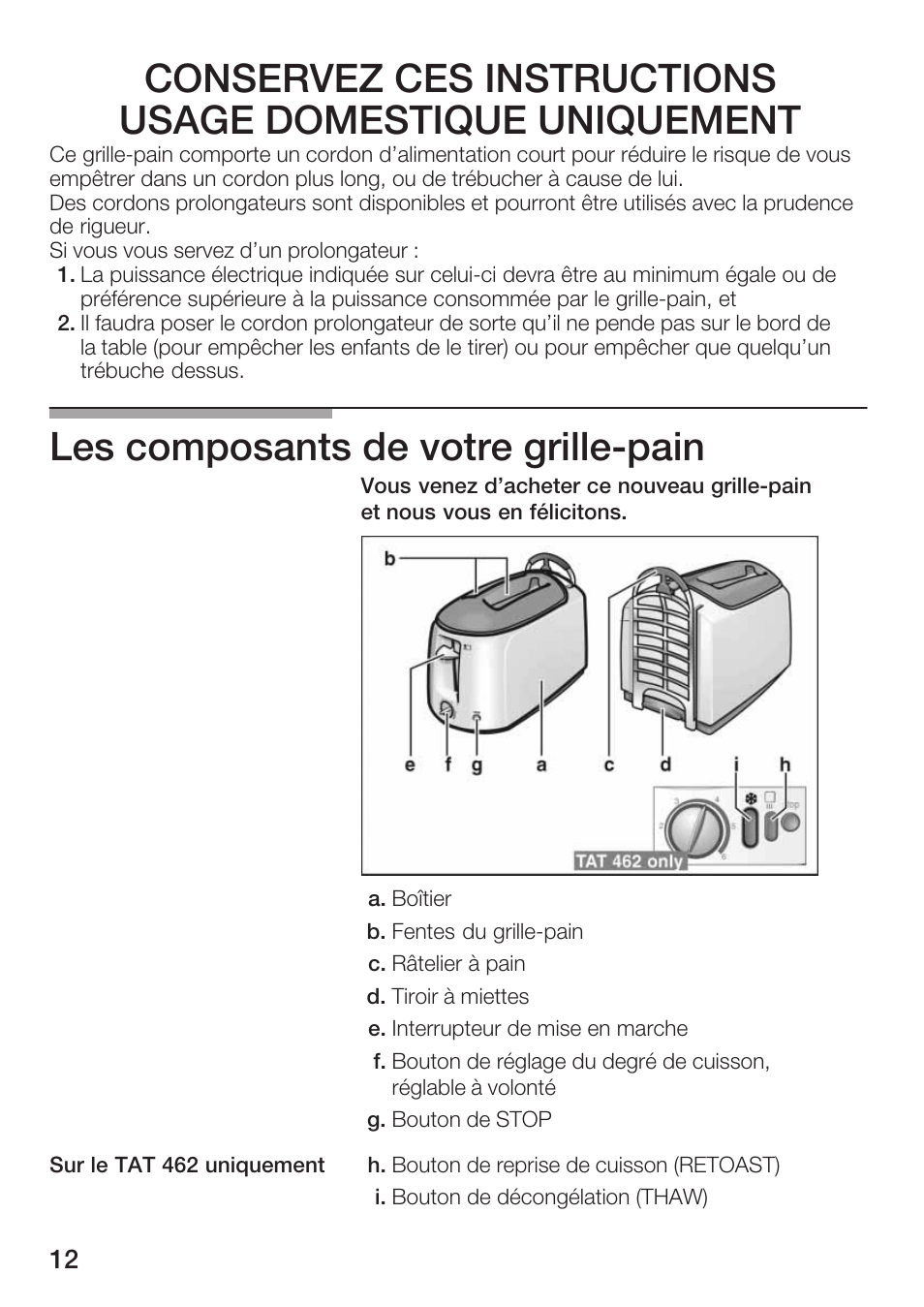 Les composants de votre grillećpain | Bosch TAT 46.. UC User Manual | Page 12 / 28