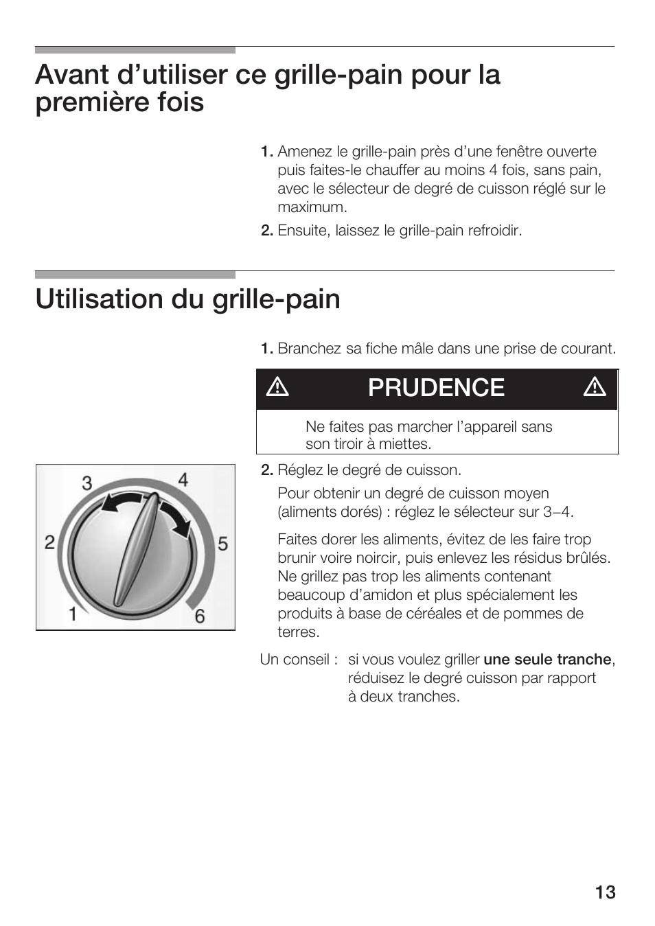 Utilisation du grillećpain, Dprudence d | Bosch TAT 46.. UC User Manual | Page 13 / 28