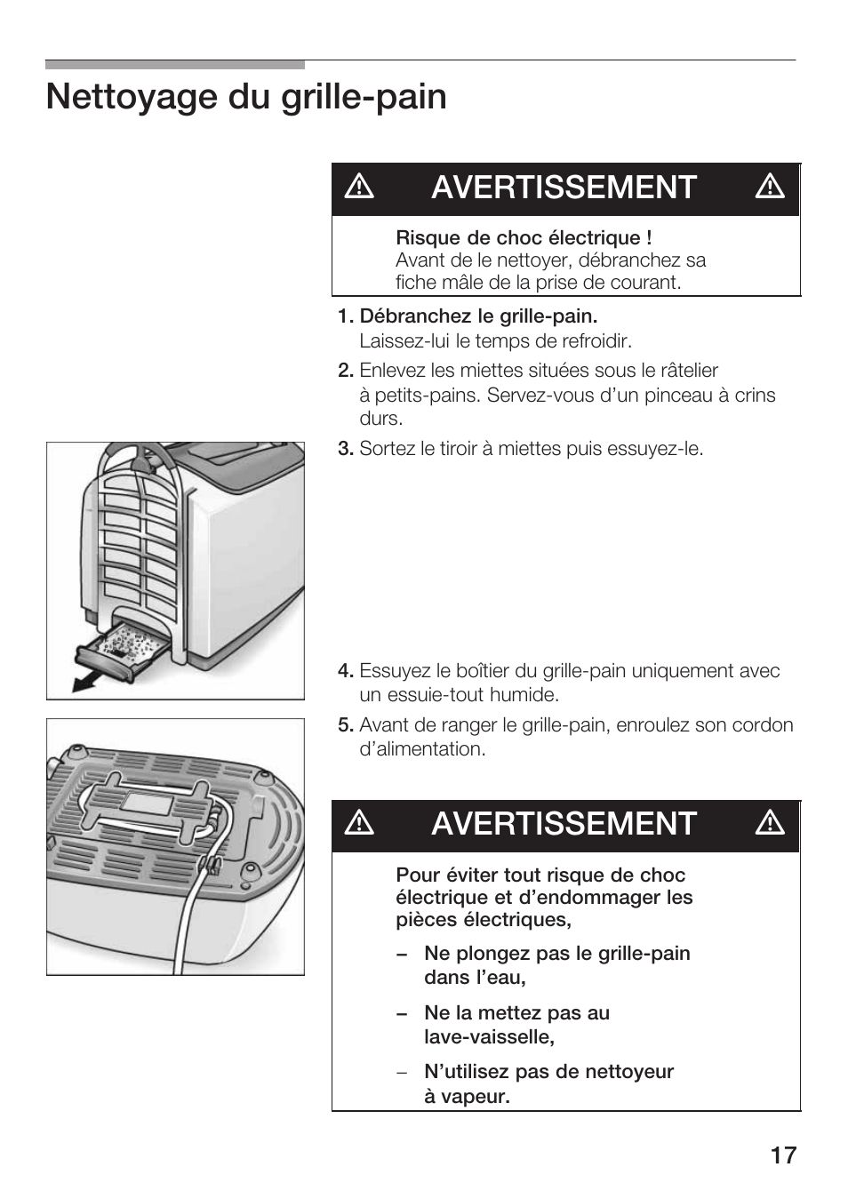 Nettoyage du grillećpain, Davertissement d | Bosch TAT 46.. UC User Manual | Page 17 / 28