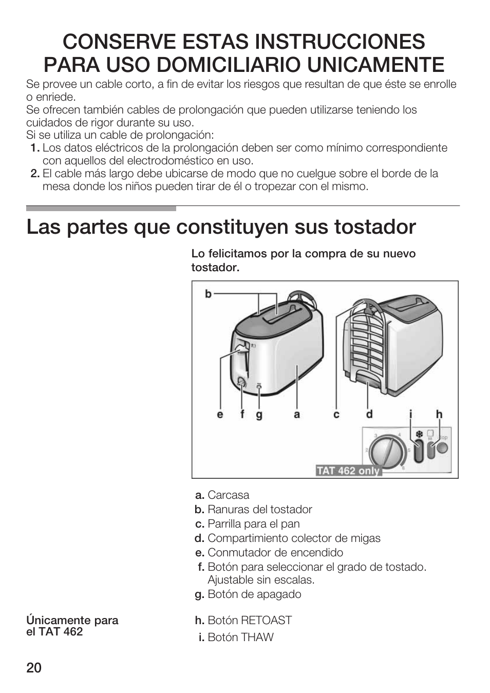 Las partes que constituyen sus tostador | Bosch TAT 46.. UC User Manual | Page 20 / 28