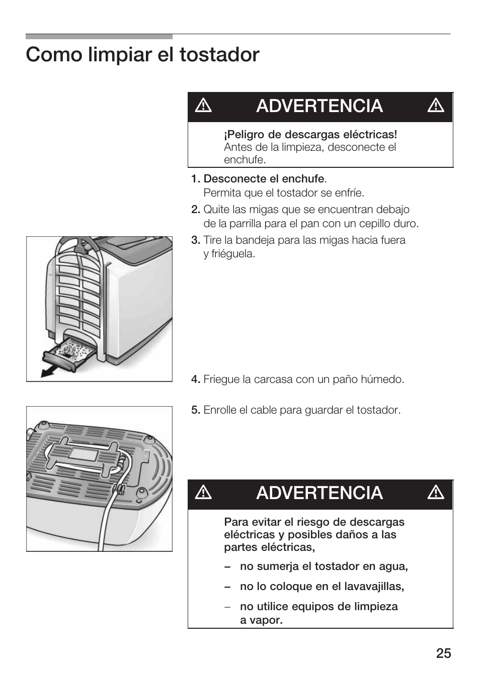 Como limpiar el tostador, Dadvertencia d | Bosch TAT 46.. UC User Manual | Page 25 / 28