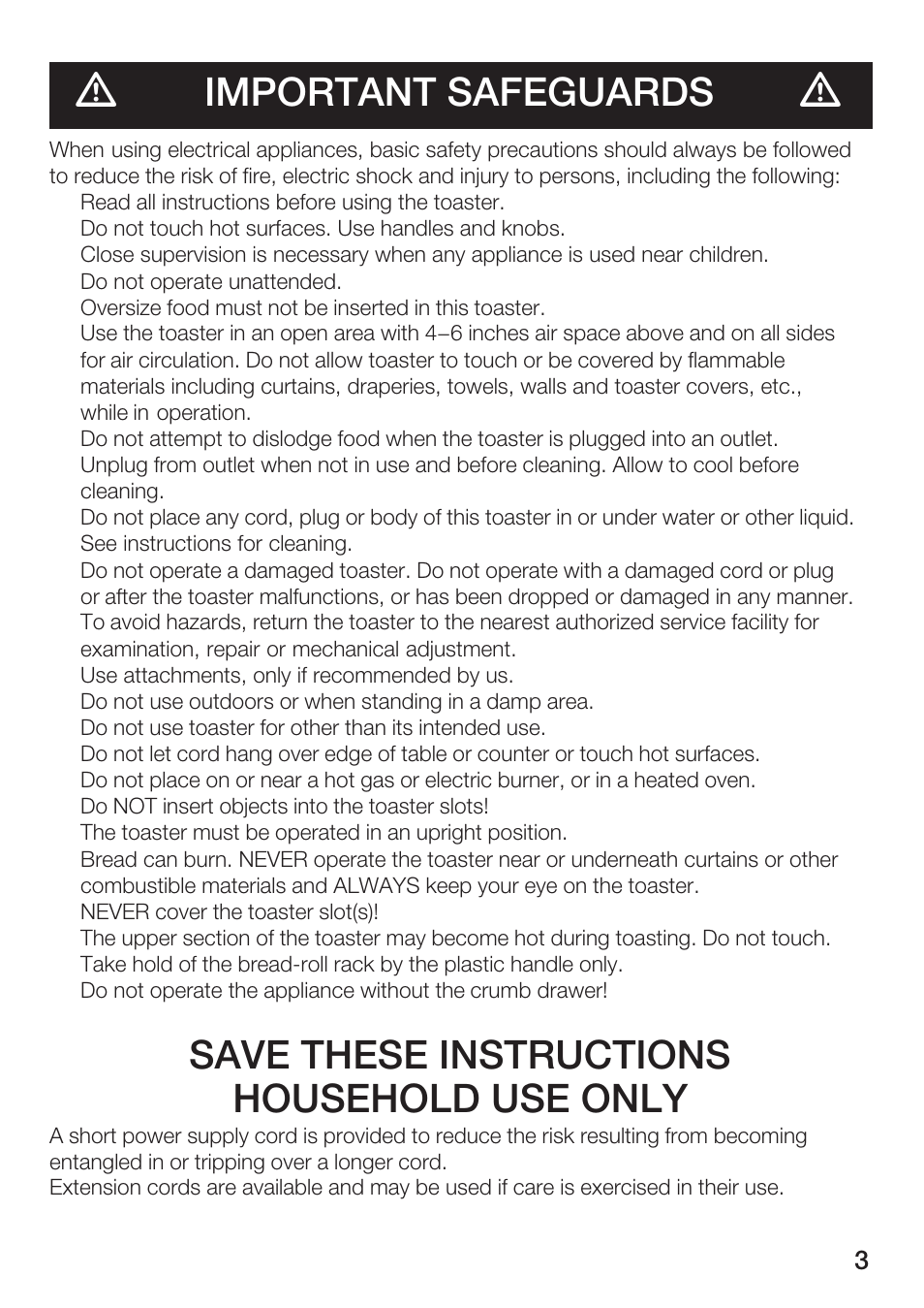 Important safeguards, Save these instructions household use only | Bosch TAT 46.. UC User Manual | Page 3 / 28