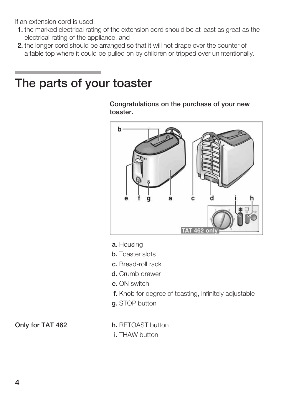 The parts of your toaster | Bosch TAT 46.. UC User Manual | Page 4 / 28