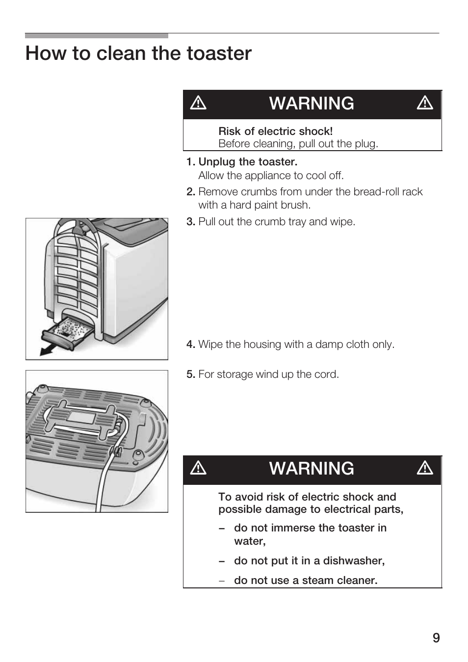 How to clean the toaster, Dwarning d | Bosch TAT 46.. UC User Manual | Page 9 / 28