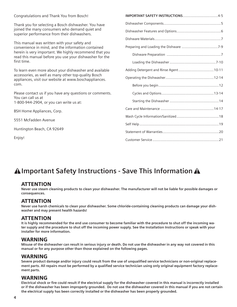 Attention, Warning | Bosch SHE99C User Manual | Page 2 / 20