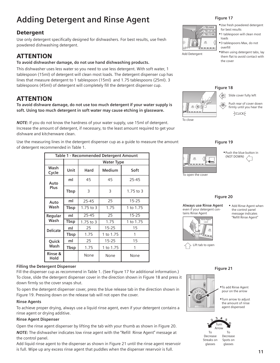 Adding detergent and rinse agent, Attention, Detergent | Bosch SHE99C User Manual | Page 9 / 20