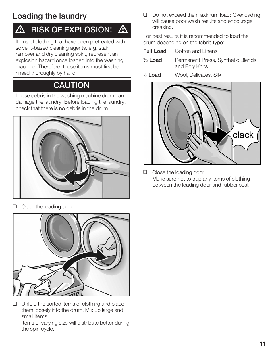 Loading the laundry, Risk of explosion, Caution | Bosch WFR 2450 User Manual | Page 11 / 48