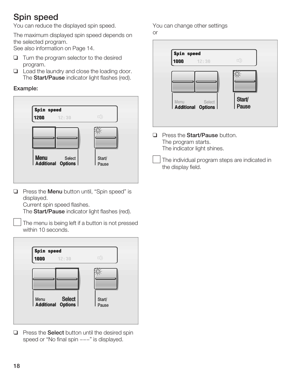 Spin speed | Bosch WFR 2450 User Manual | Page 18 / 48