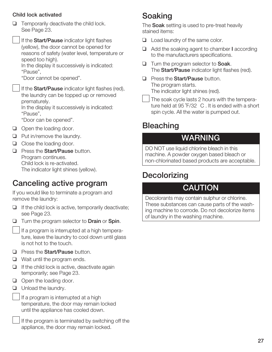 Canceling active program, Soaking, Bleaching warning | Decolorizing caution | Bosch WFR 2450 User Manual | Page 27 / 48