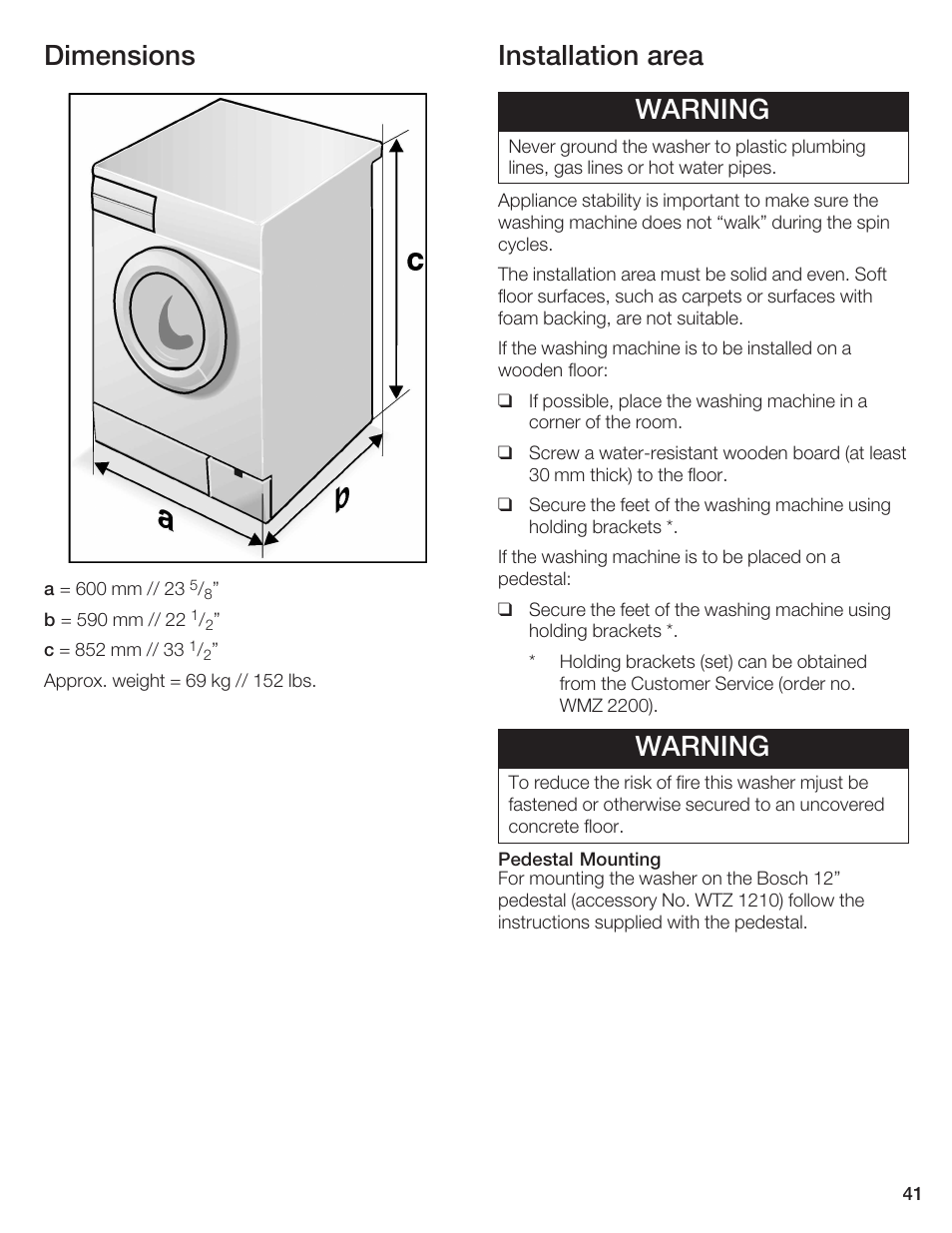 Dimensions, Installation area warning, Warning | Bosch WFR 2450 User Manual | Page 41 / 48