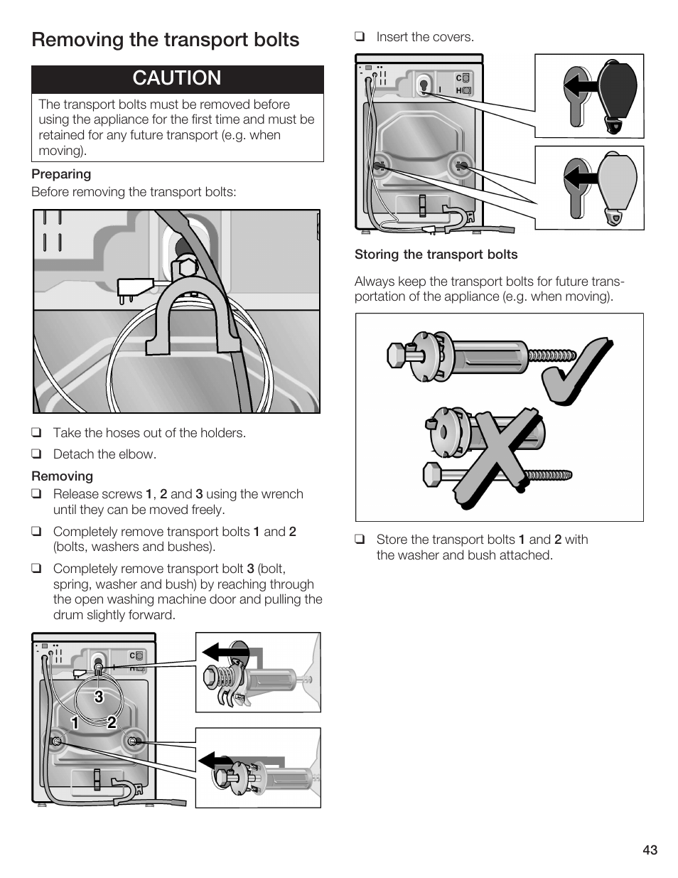 Removing the transport bolts caution | Bosch WFR 2450 User Manual | Page 43 / 48