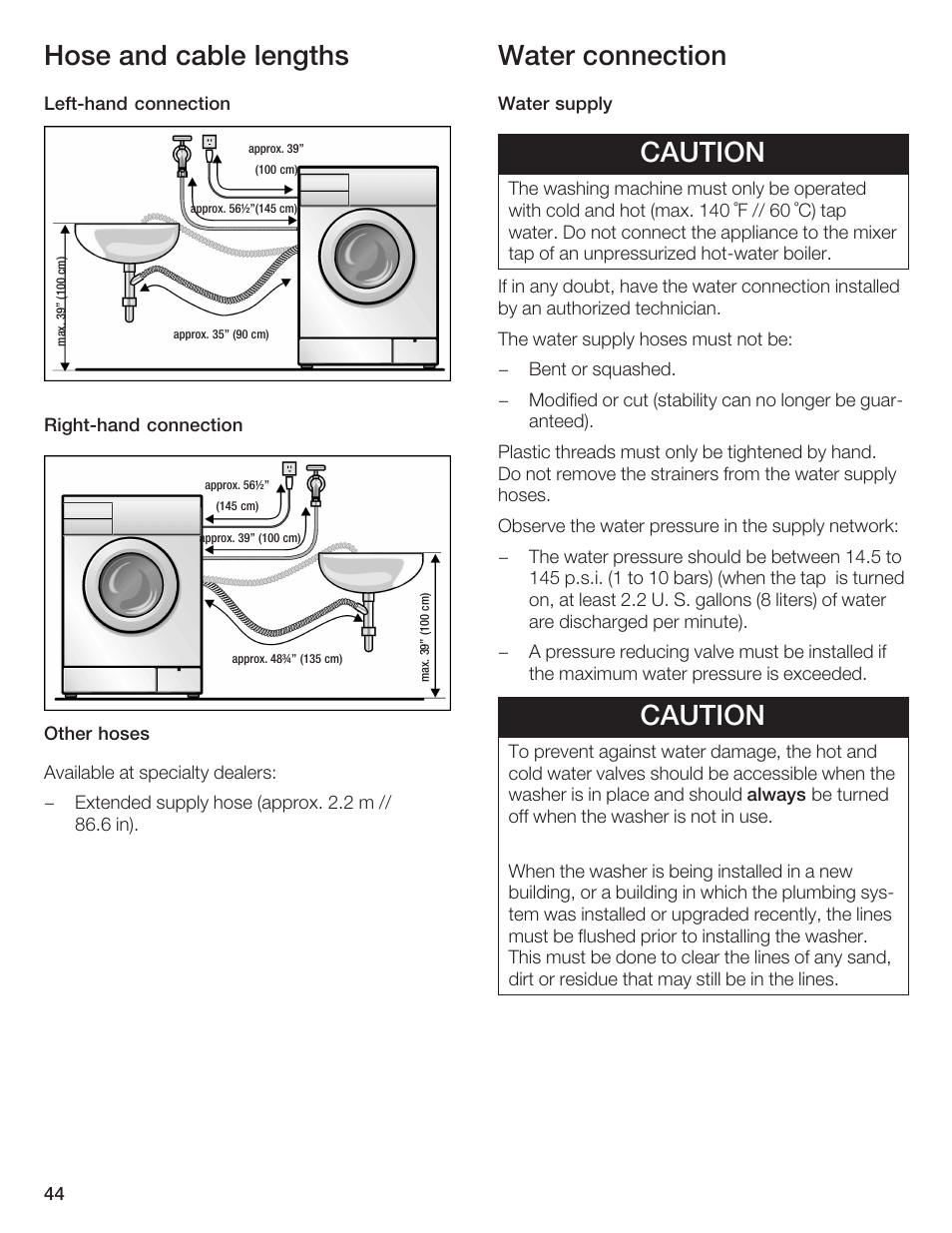 Hose and cable lengths, Water connection, Caution | Bosch WFR 2450 User Manual | Page 44 / 48