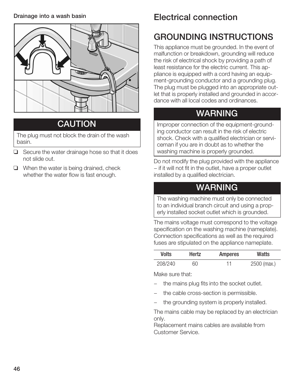 Caution, Electrical connection grounding instructions, Warning | Bosch WFR 2450 User Manual | Page 46 / 48