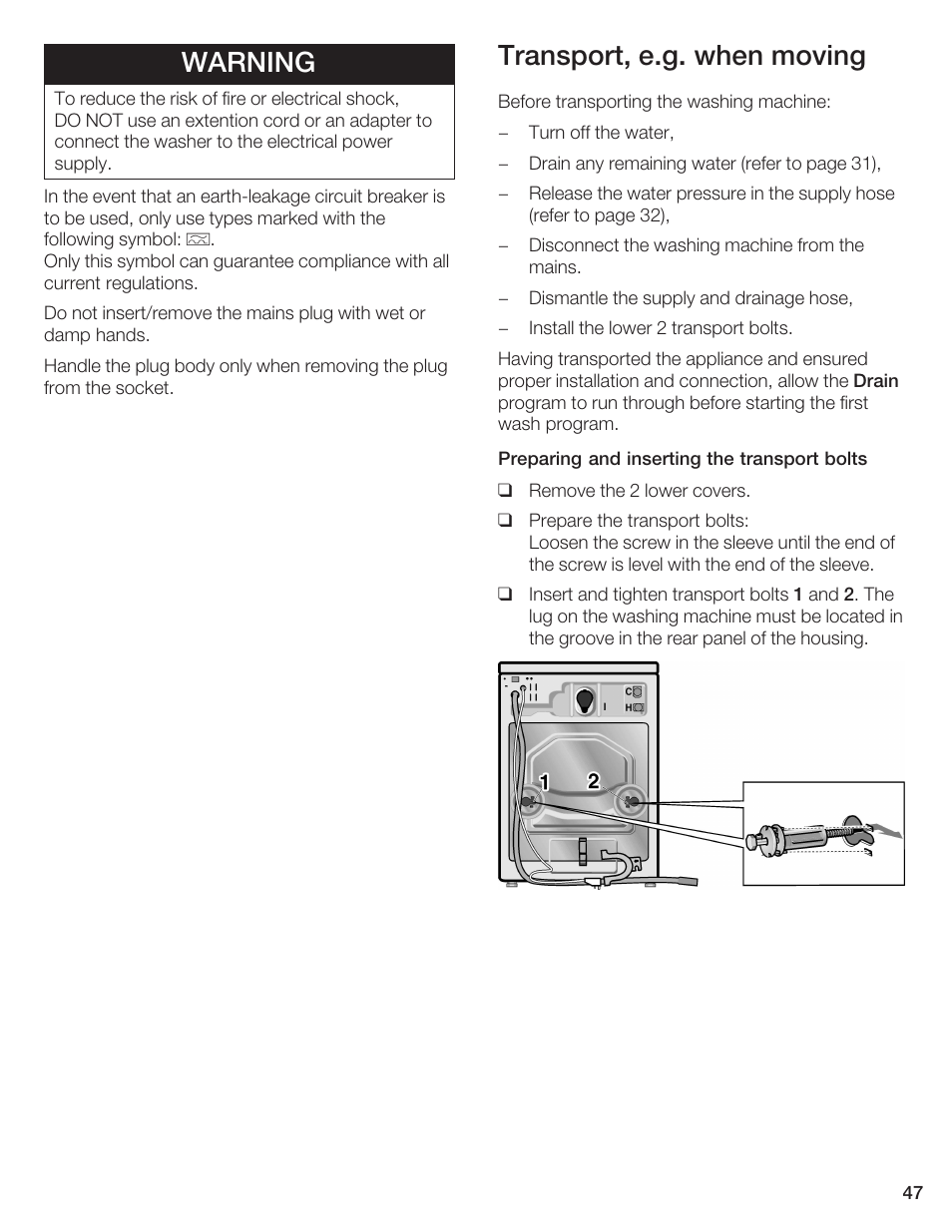 Warning, Transport, e.g. when moving | Bosch WFR 2450 User Manual | Page 47 / 48