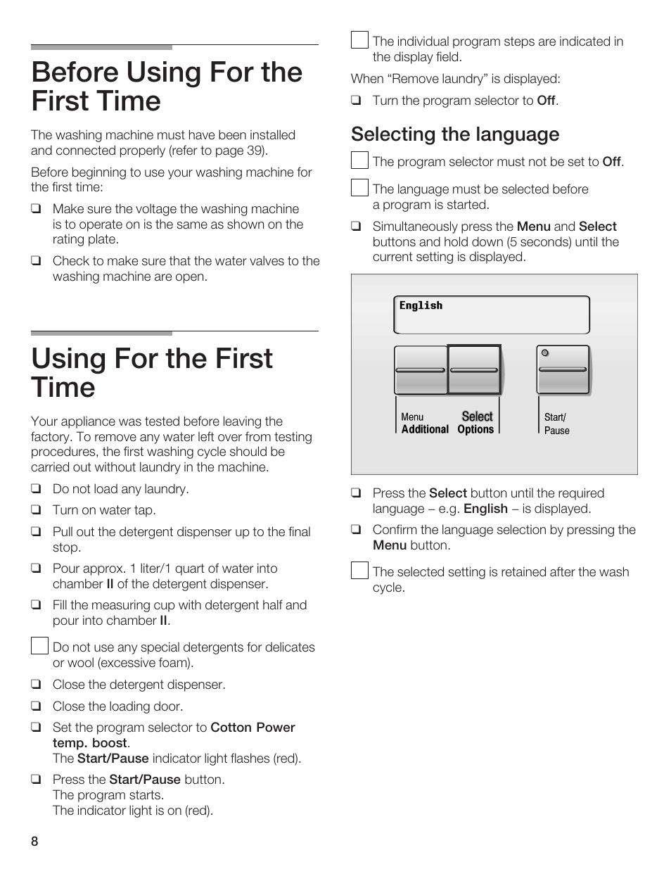 Before using for the first time, Using for the first time, Selecting the language | Bosch WFR 2450 User Manual | Page 8 / 48