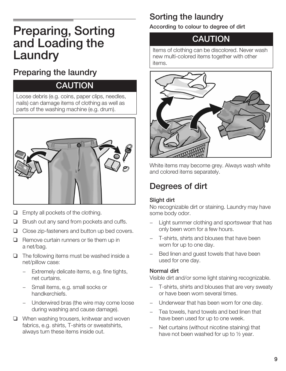 Preparing, sorting and loading the laundry, Preparing the laundry caution, Sorting the laundry | Caution, Degrees of dirt | Bosch WFR 2450 User Manual | Page 9 / 48