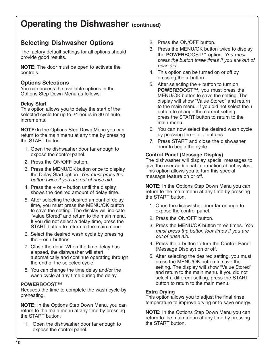 Operating the dishwasher, Selecting dishwasher options | Bosch SHE99CO5 User Manual | Page 12 / 74