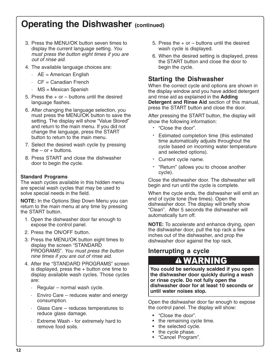 Operating the dishwasher, Warning | Bosch SHE99CO5 User Manual | Page 14 / 74