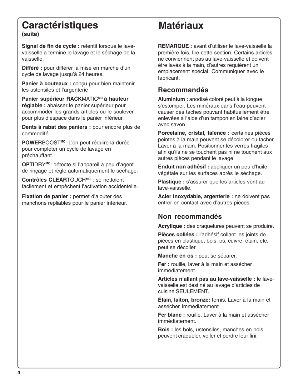 Matériaux, Caractéristiques, Recommandés | Non recommandés | Bosch SHE99CO5 User Manual | Page 28 / 74