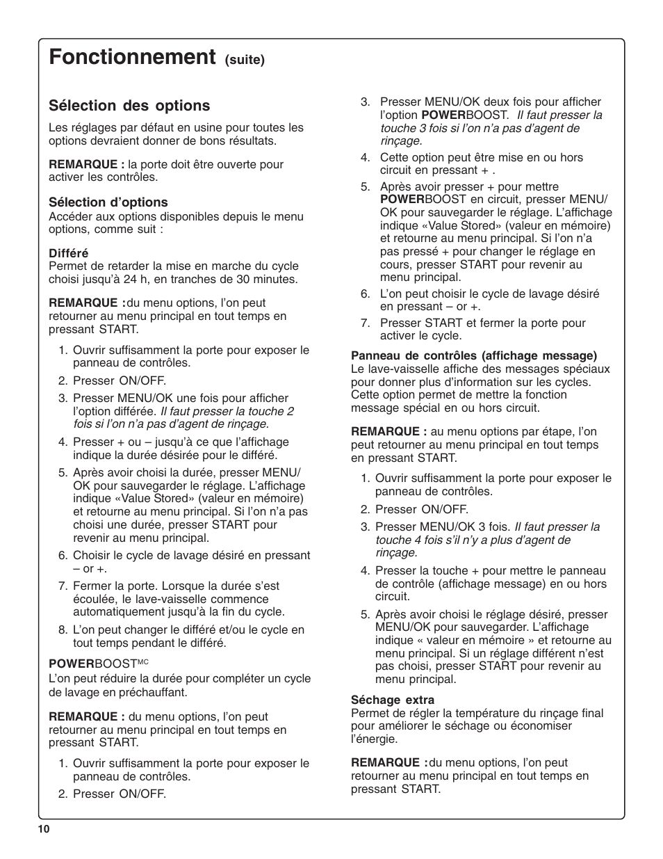 Fonctionnement, Sélection des options | Bosch SHE99CO5 User Manual | Page 34 / 74