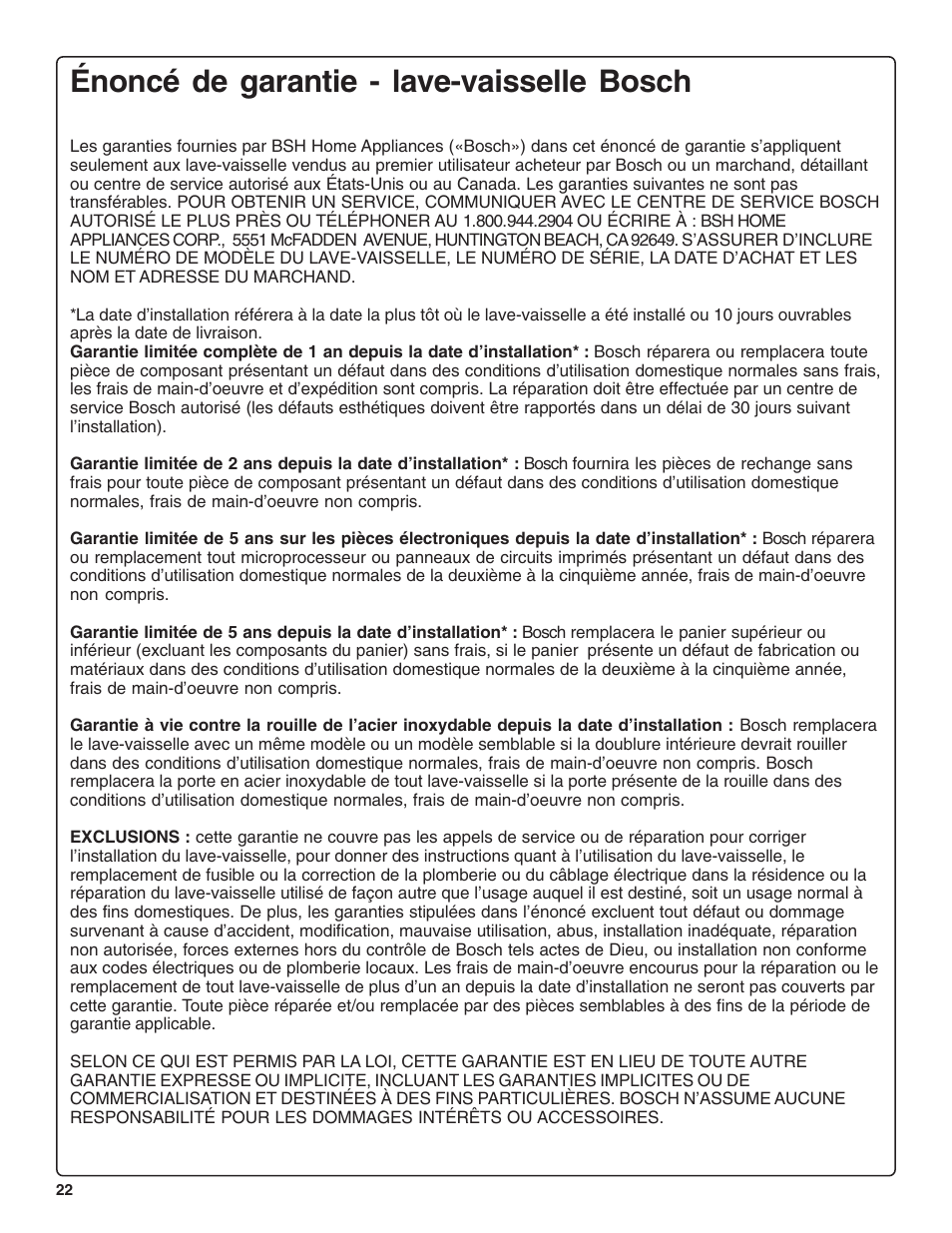 Énoncé de garantie - lave-vaisselle bosch | Bosch SHE99CO5 User Manual | Page 46 / 74