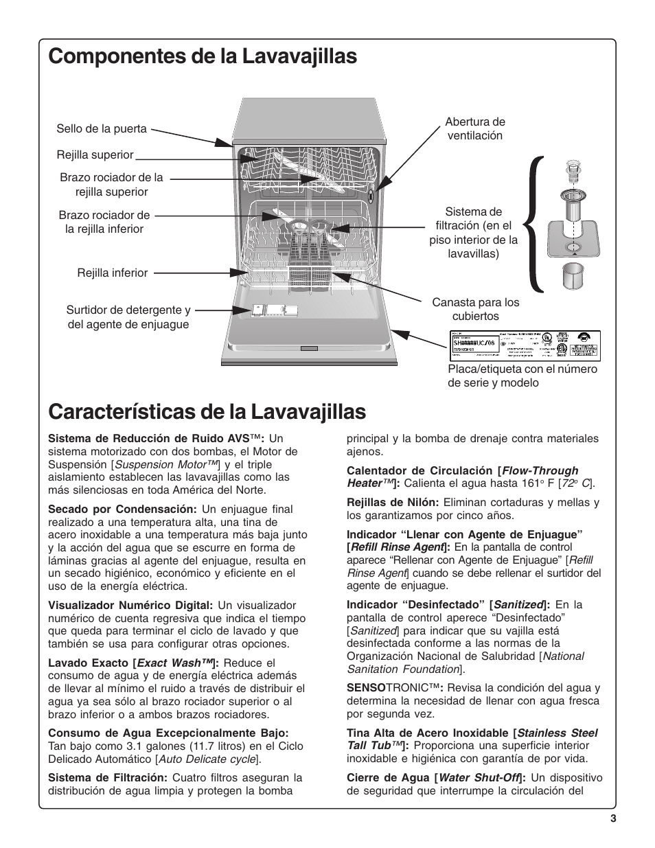 Componentes de la lavavajillas, Características de la lavavajillas | Bosch SHE99CO5 User Manual | Page 49 / 74