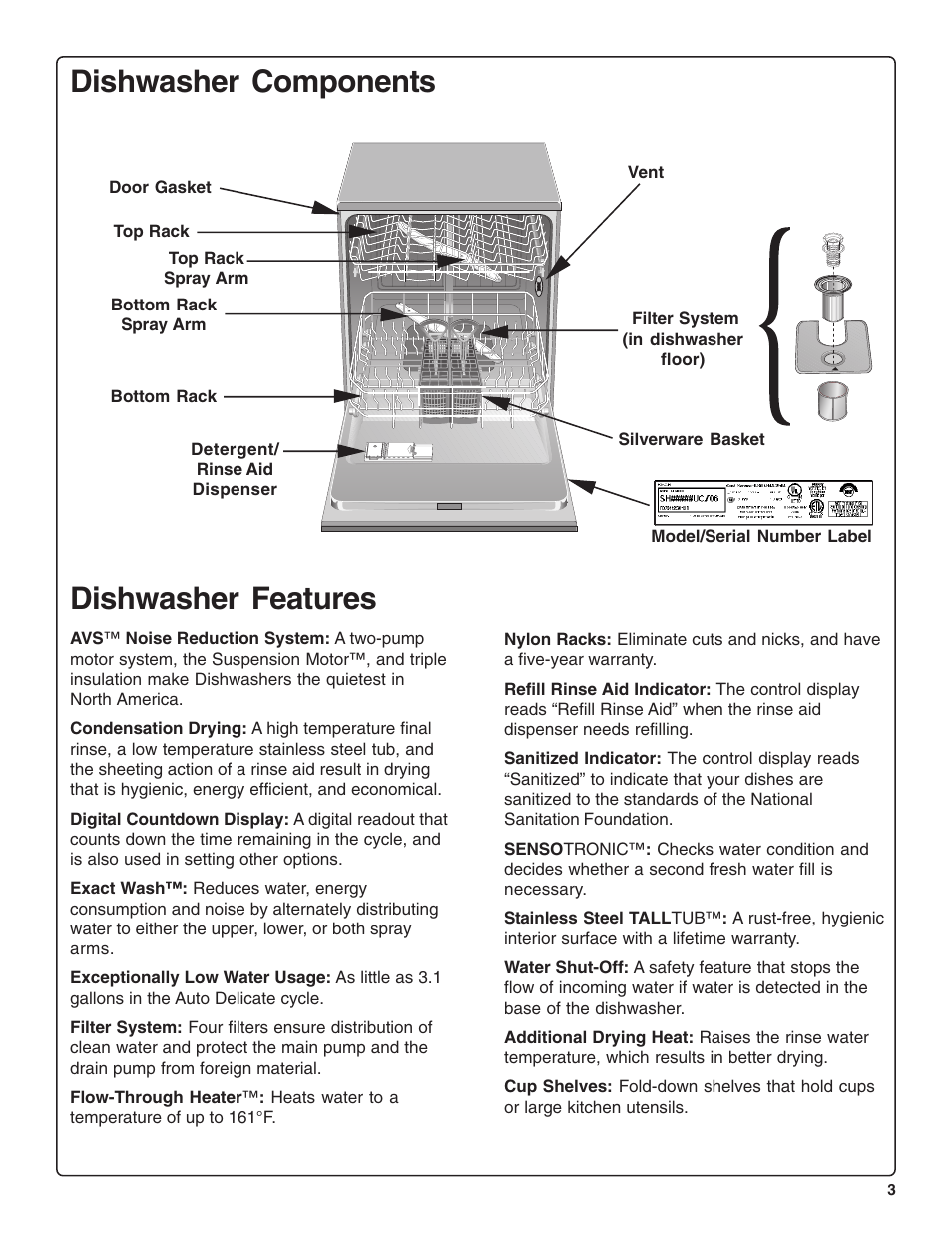 Dishwasher components, Dishwasher features | Bosch SHE99CO5 User Manual | Page 5 / 74