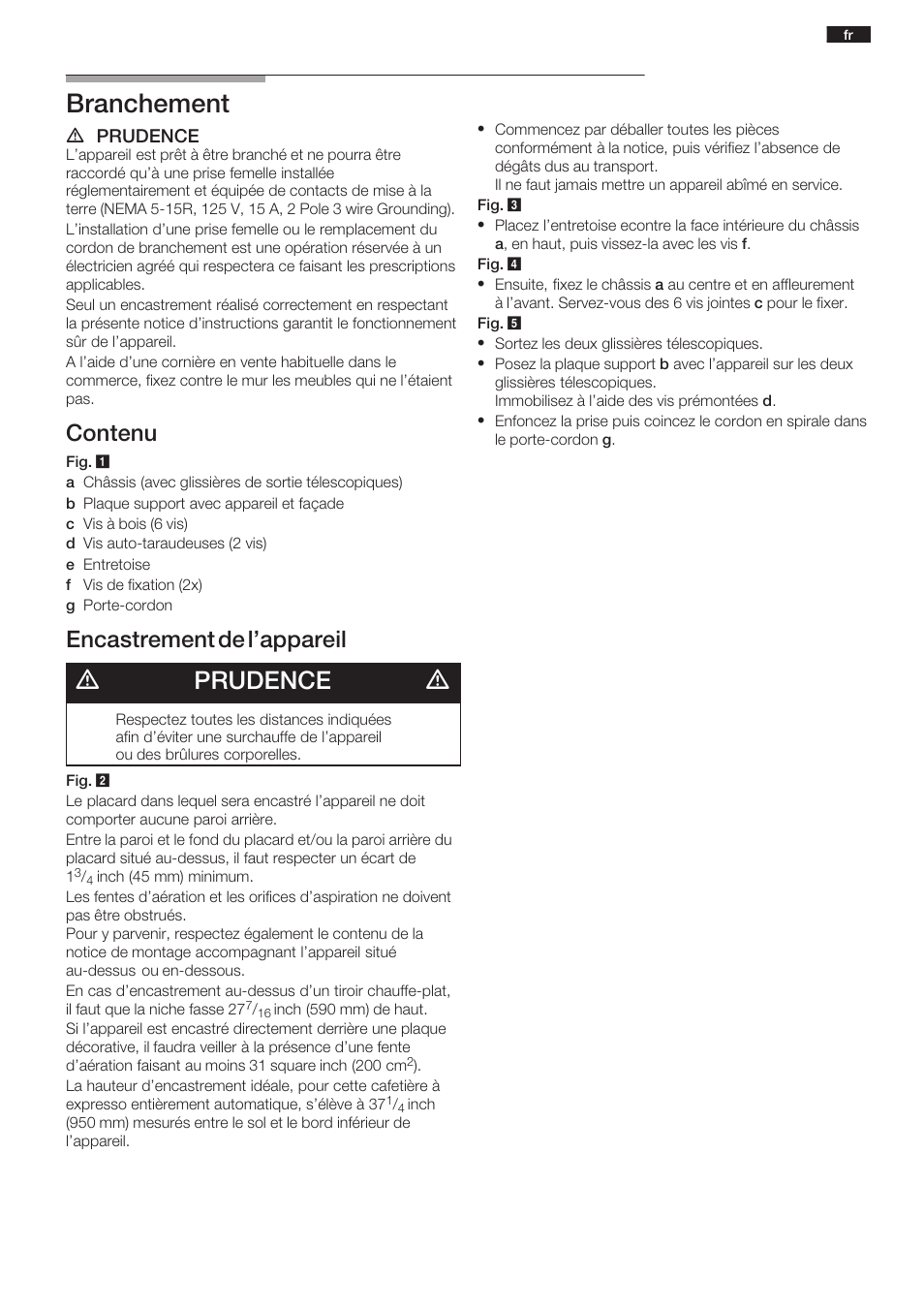 Branchement, Dprudence d, Contenu | Encastrement de l'appareil | Bosch TKN68E75UC User Manual | Page 3 / 6