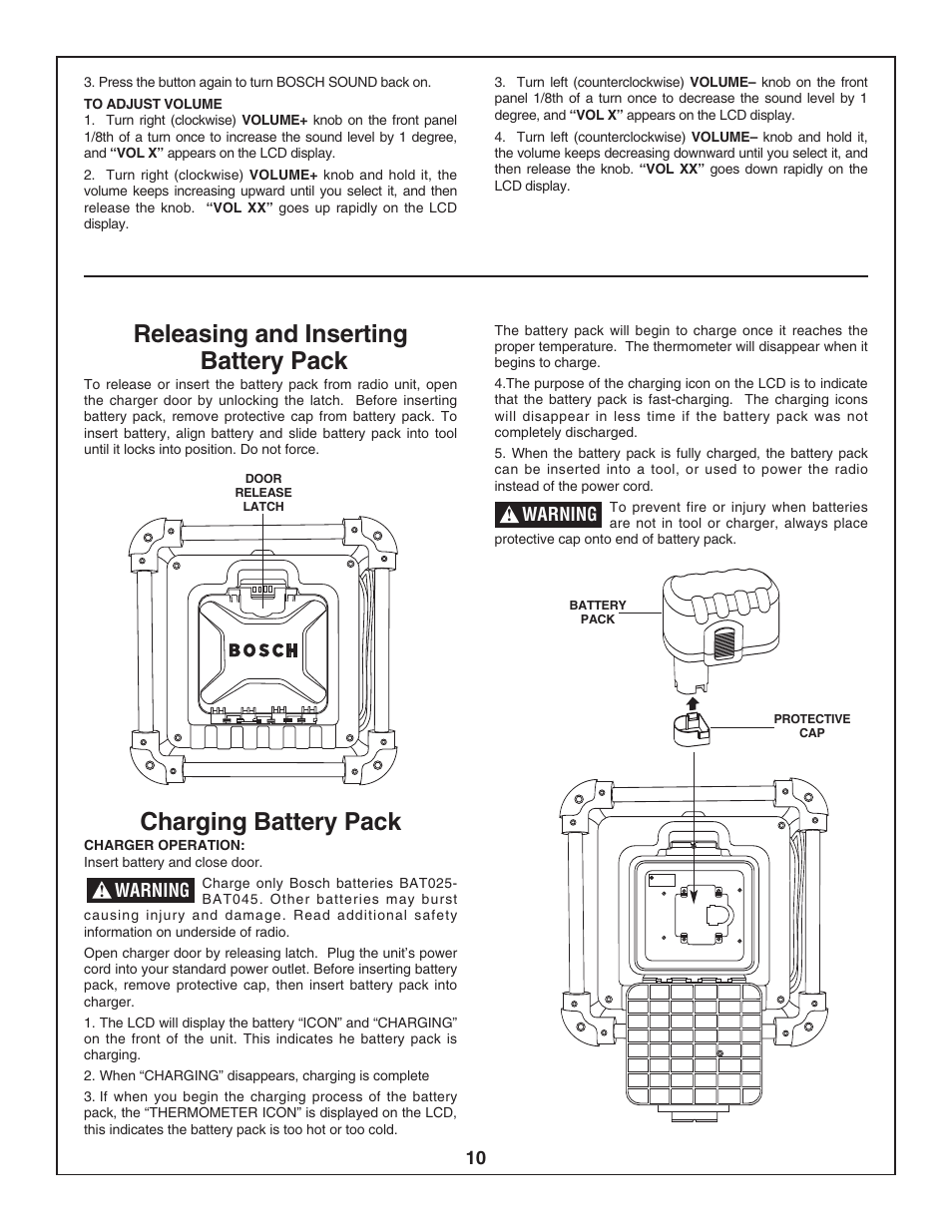 Releasing and inserting battery pack, Charging battery pack | Bosch PB10-CD User Manual | Page 10 / 40