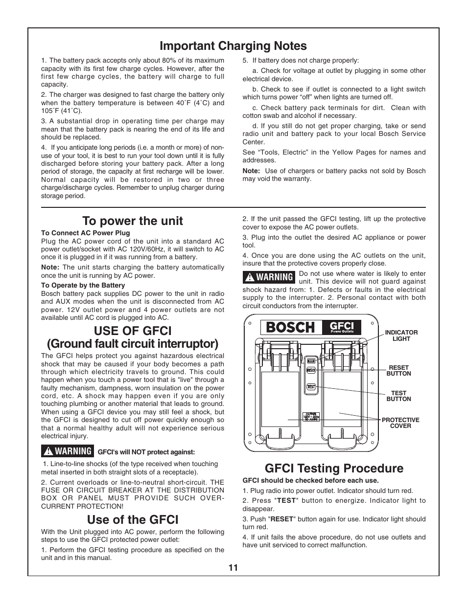 Use of gfci (ground fault circuit interruptor), Use of the gfci, Gfci testing procedure | Bosch PB10-CD User Manual | Page 11 / 40