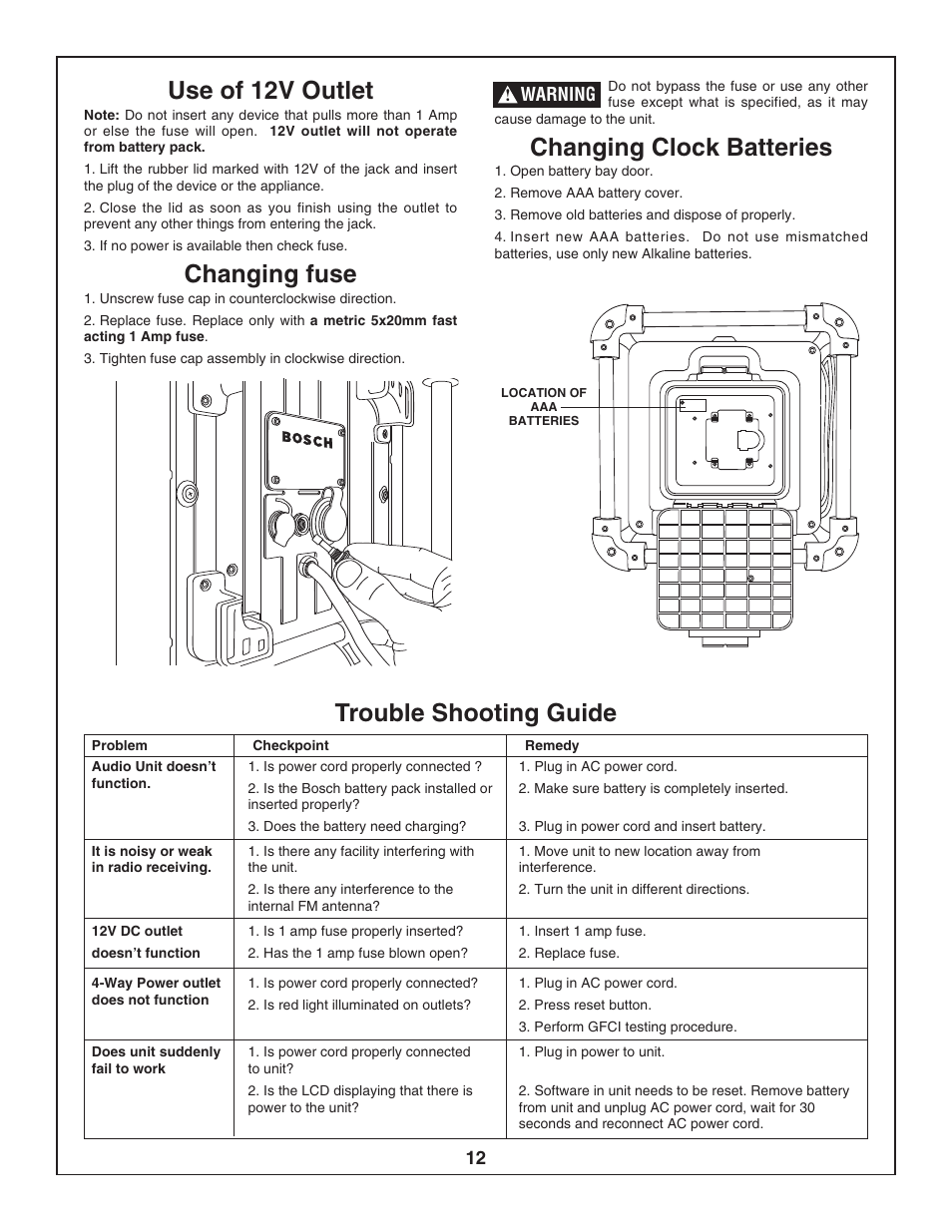 Use of 12v outlet, Changing fuse, Changing clock batteries | Trouble shooting guide | Bosch PB10-CD User Manual | Page 12 / 40