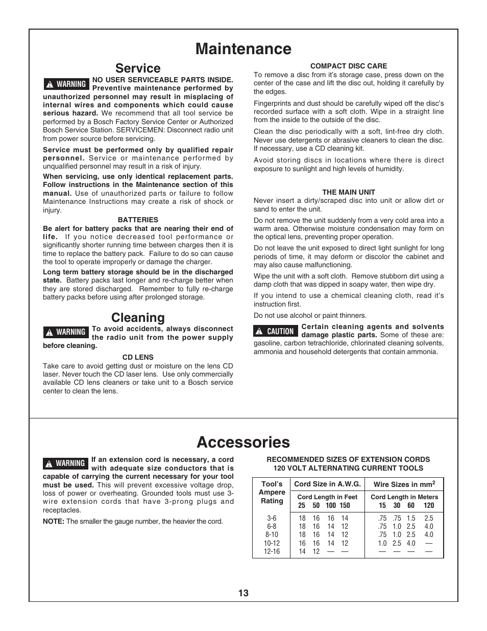 Maintenance, Accessories, Service | Cleaning | Bosch PB10-CD User Manual | Page 13 / 40