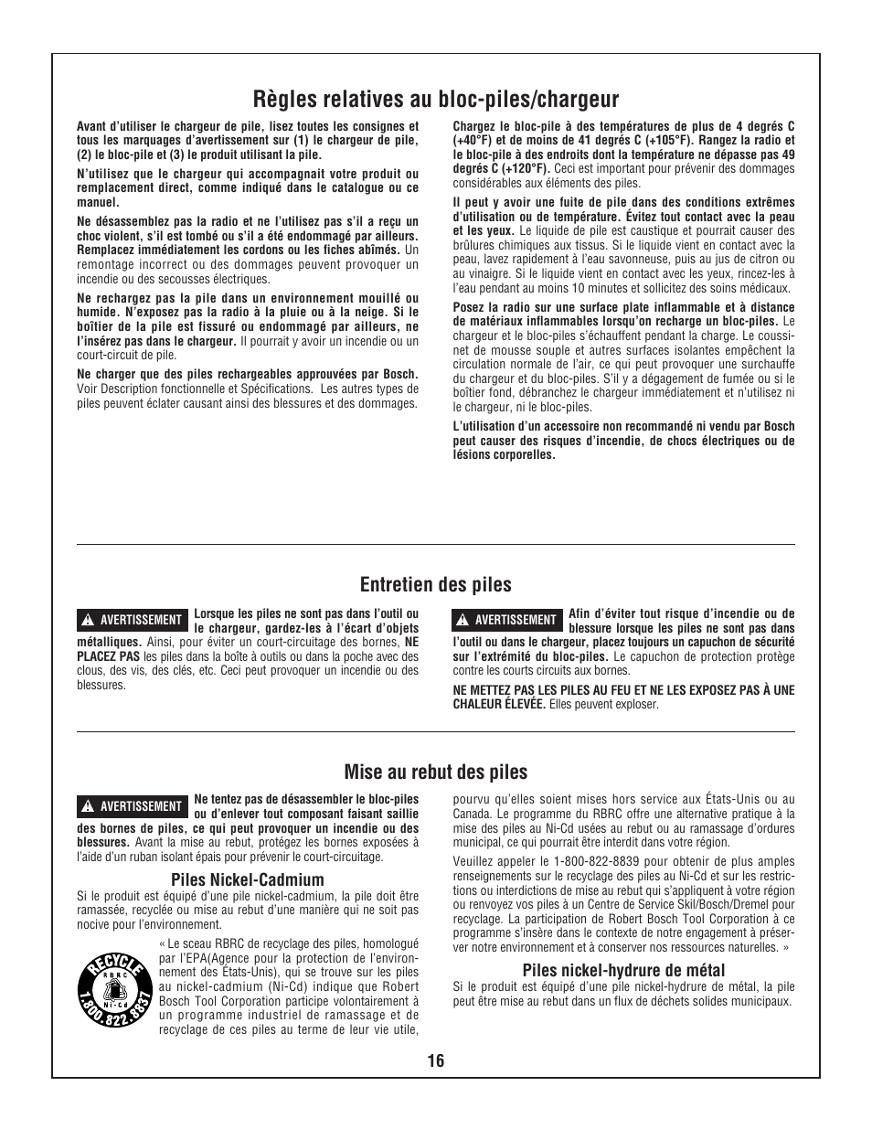 Règles relatives au bloc-piles/chargeur, Entretien des piles mise au rebut des piles | Bosch PB10-CD User Manual | Page 16 / 40
