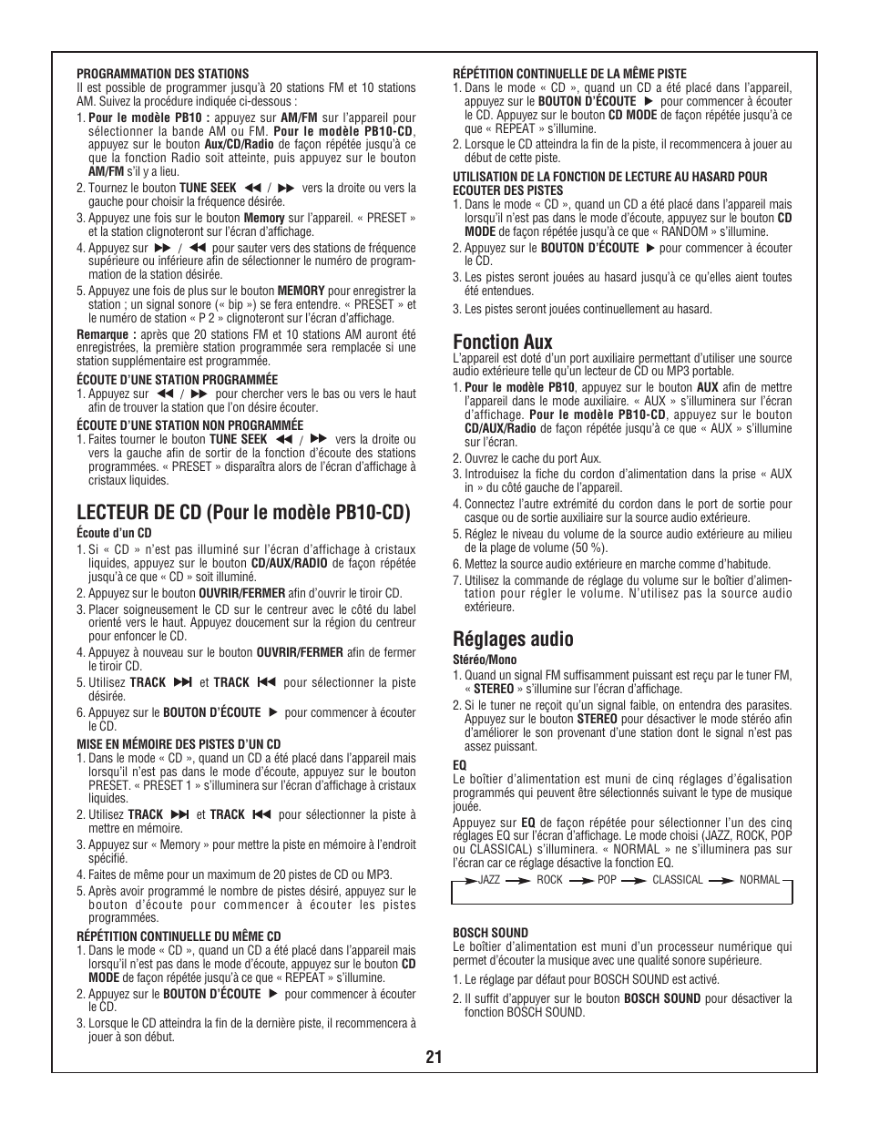 Lecteur de cd (pour le modèle pb10-cd), Fonction aux, Réglages audio | Bosch PB10-CD User Manual | Page 21 / 40